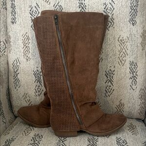 Women's Brown Suede Mid-Calf Perforated Boot